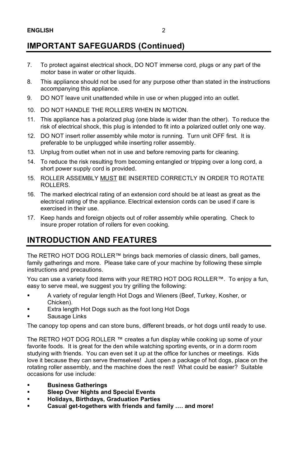 Important safeguards (continued), Introduction and features | Nostalgia Electrics Retro RHD-400 User Manual | Page 3 / 18