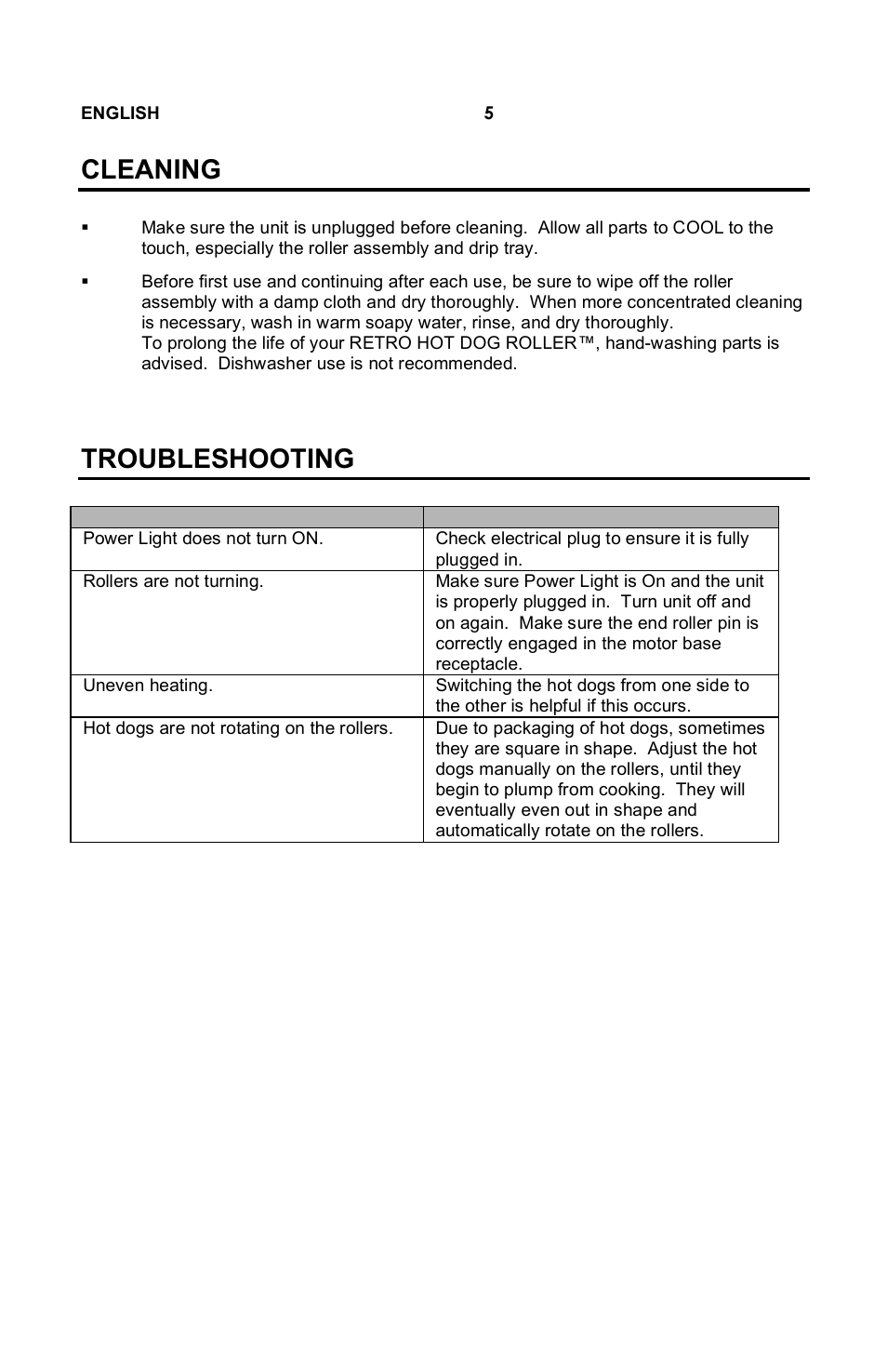 Cleaning, Troubleshooting | Nostalgia Electrics Retro RHD-400 User Manual | Page 6 / 18