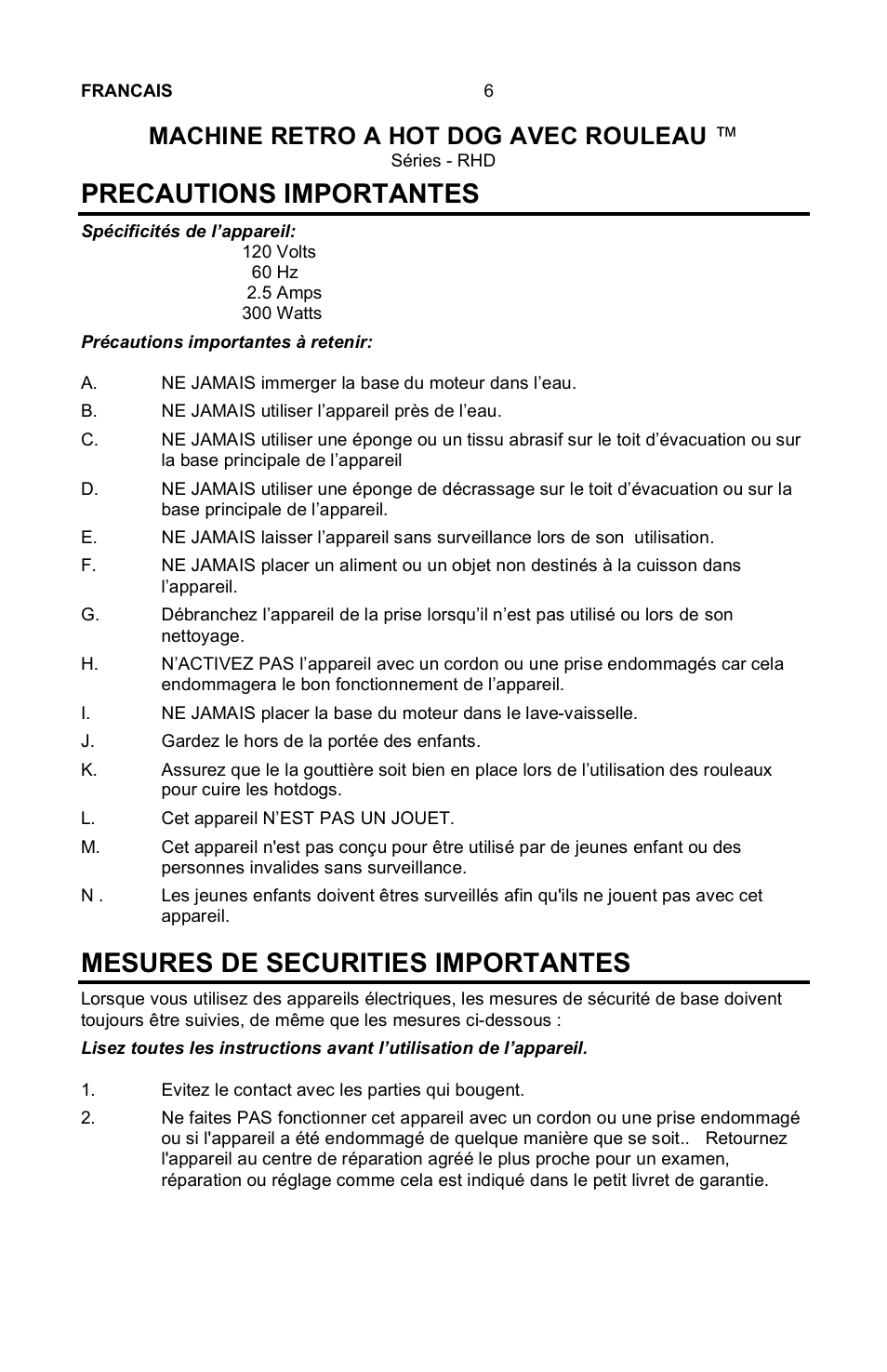 Precautions importantes, Mesures de securities importantes, Machine retro a hot dog avec rouleau | Nostalgia Electrics Retro RHD-400 User Manual | Page 7 / 18