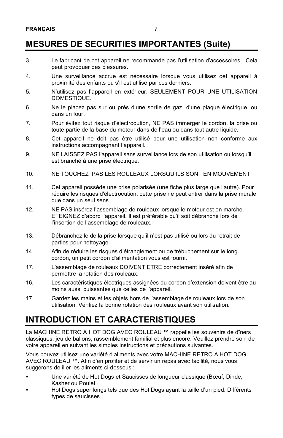 Mesures de securities importantes (suite), Introduction et caracteristiques | Nostalgia Electrics Retro RHD-400 User Manual | Page 8 / 18