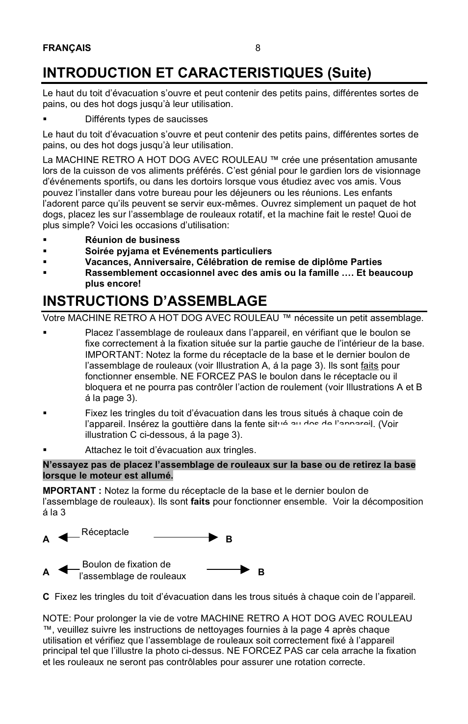 Introduction et caracteristiques (suite), Instructions d’assemblage | Nostalgia Electrics Retro RHD-400 User Manual | Page 9 / 18