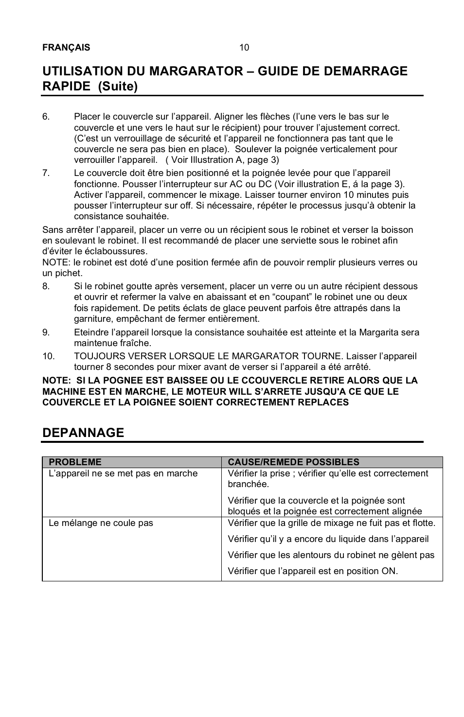 Depannage | Nostalgia Electrics Margarator MSB-570 User Manual | Page 11 / 22