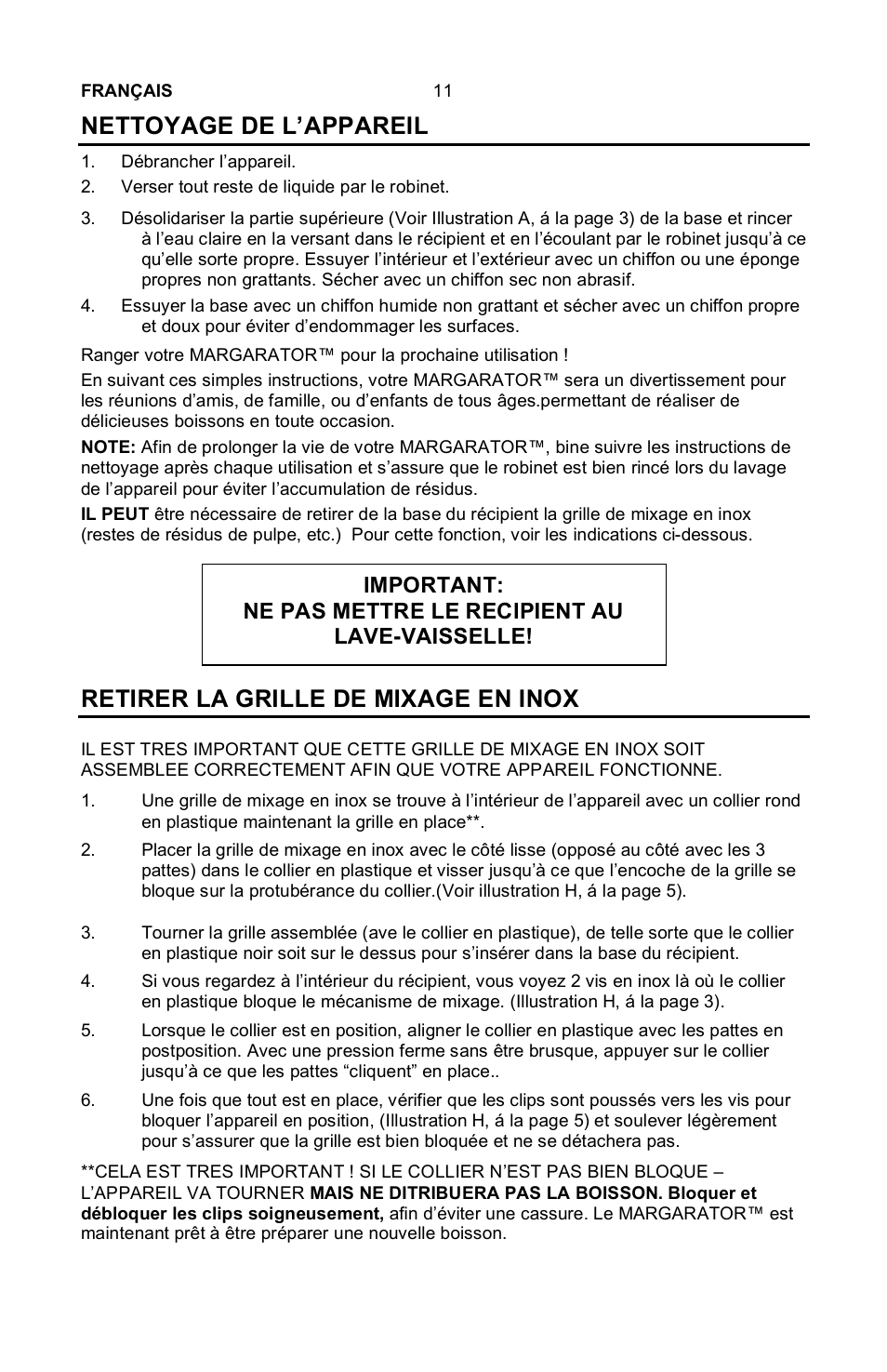 Nettoyage de l’appareil, Retirer la grille de mixage en inox | Nostalgia Electrics Margarator MSB-570 User Manual | Page 12 / 22