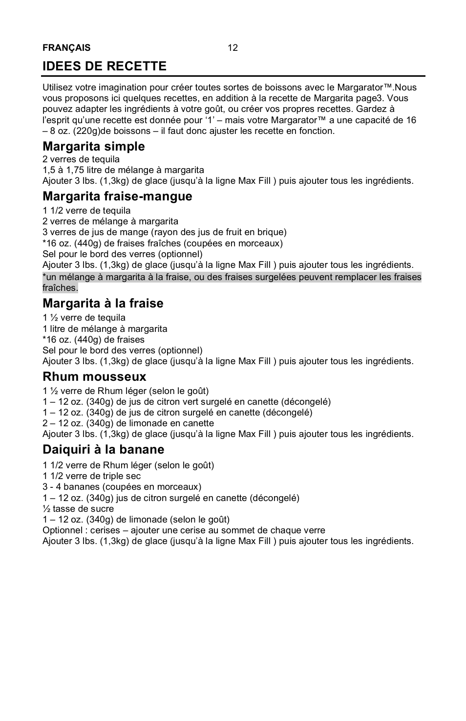 Idees de recette, Margarita simple, Margarita fraise-mangue | Margarita à la fraise, Rhum mousseux, Daiquiri à la banane, Français 12 | Nostalgia Electrics Margarator MSB-570 User Manual | Page 13 / 22