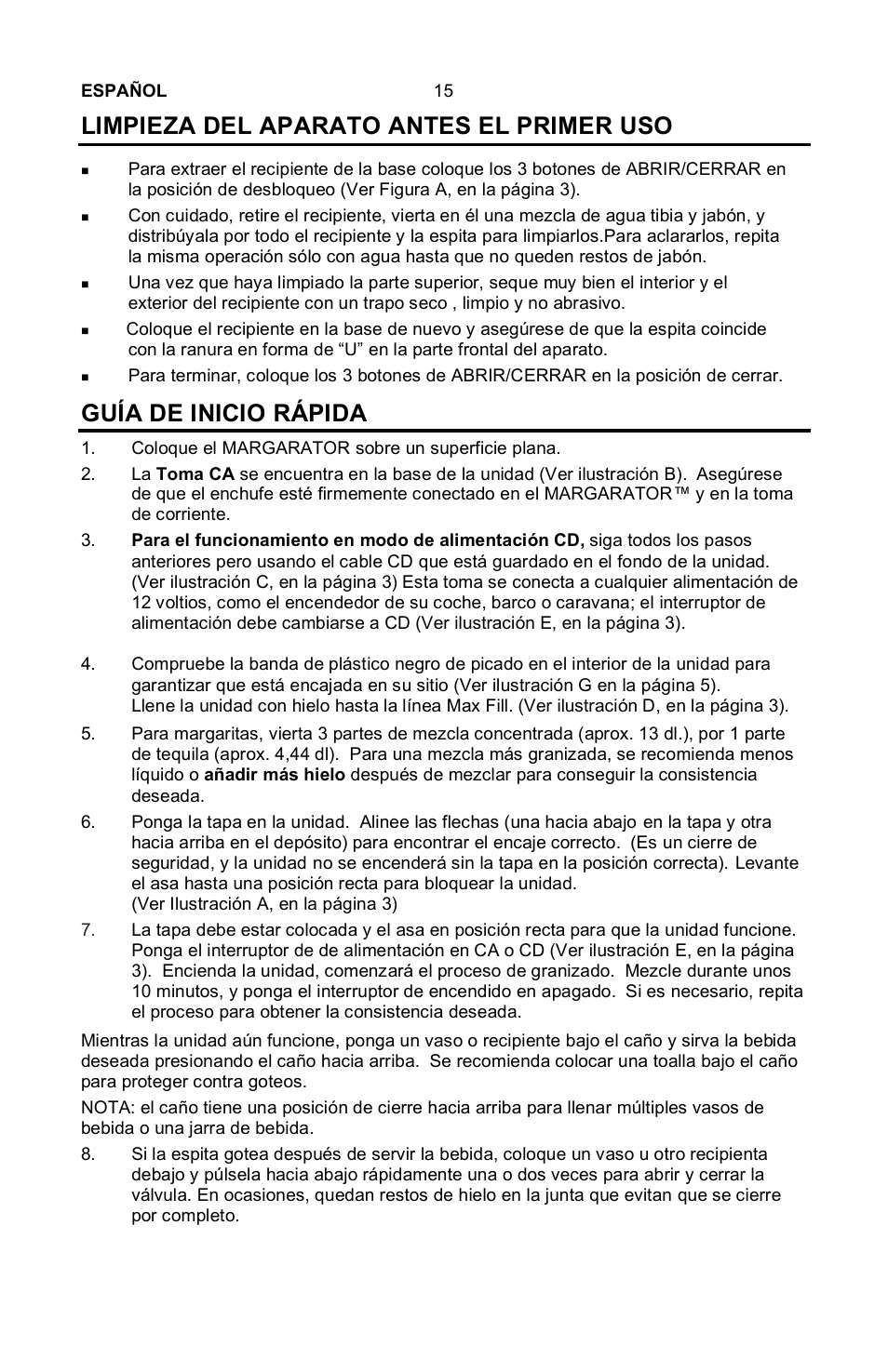 Limpieza del aparato antes el primer uso, Guía de inicio rápida, Español 15 | Coloque el margarator sobre un superficie plana | Nostalgia Electrics Margarator MSB-570 User Manual | Page 16 / 22