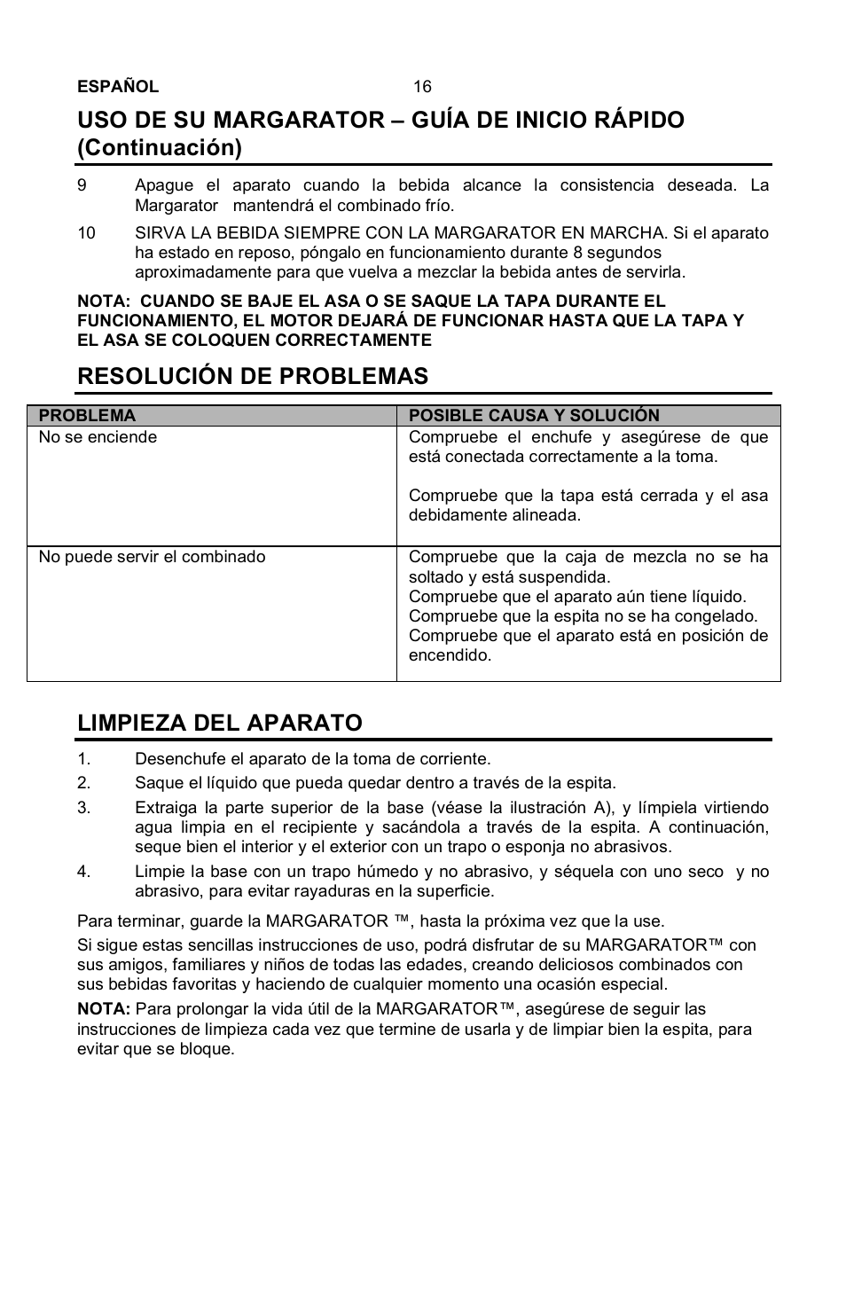 Resolución de problemas, Limpieza del aparato | Nostalgia Electrics Margarator MSB-570 User Manual | Page 17 / 22