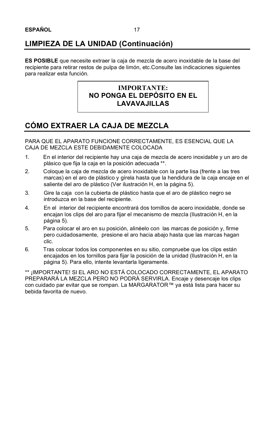 Limpieza de la unidad (continuación), Cómo extraer la caja de mezcla | Nostalgia Electrics Margarator MSB-570 User Manual | Page 18 / 22