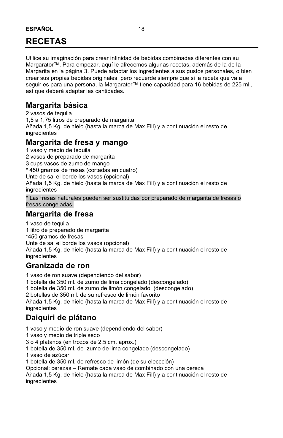 Recetas, Margarita básica, Margarita de fresa y mango | Margarita de fresa, Granizada de ron, Daiquiri de plátano | Nostalgia Electrics Margarator MSB-570 User Manual | Page 19 / 22