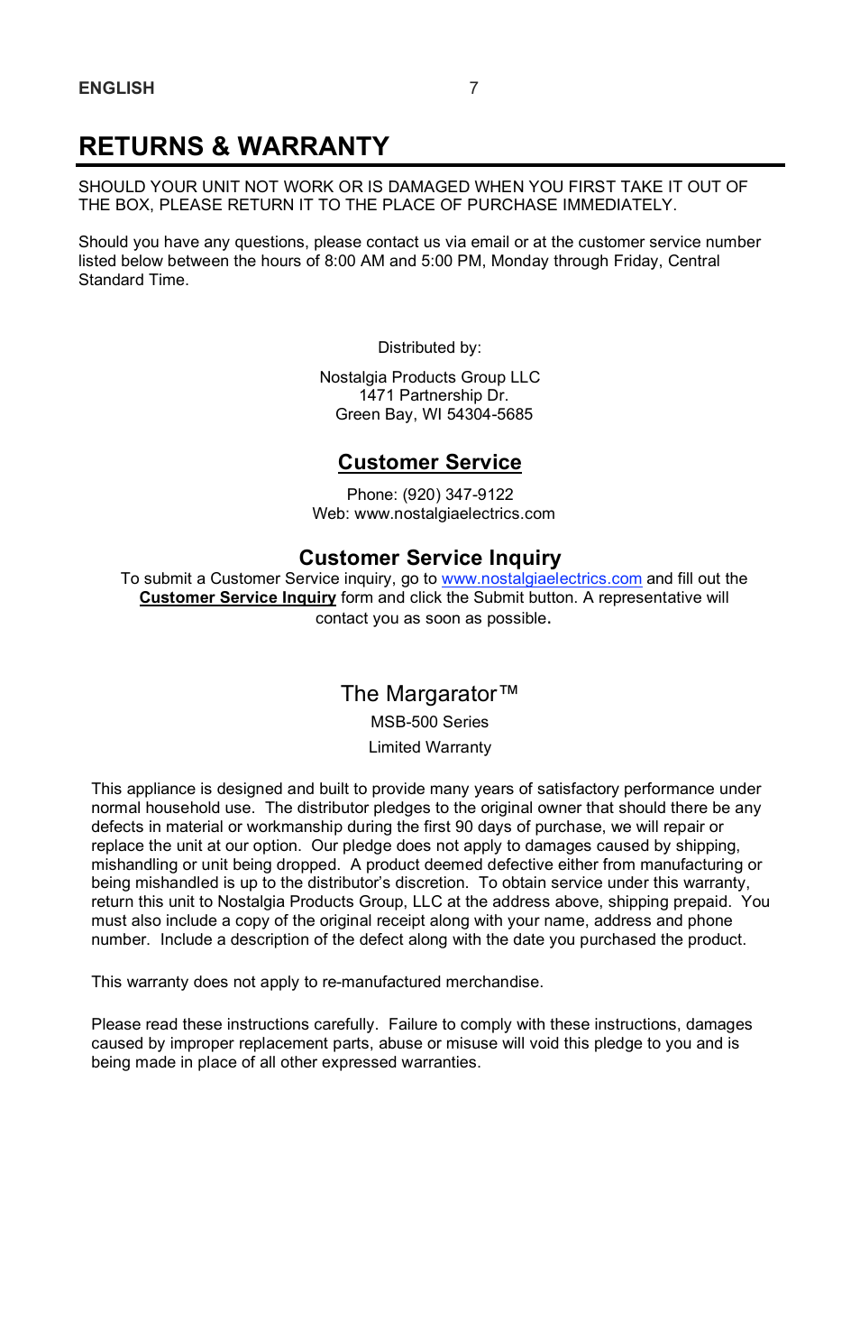 Returns & warranty, The margarator, Customer service | Customer service inquiry | Nostalgia Electrics Margarator MSB-570 User Manual | Page 20 / 22