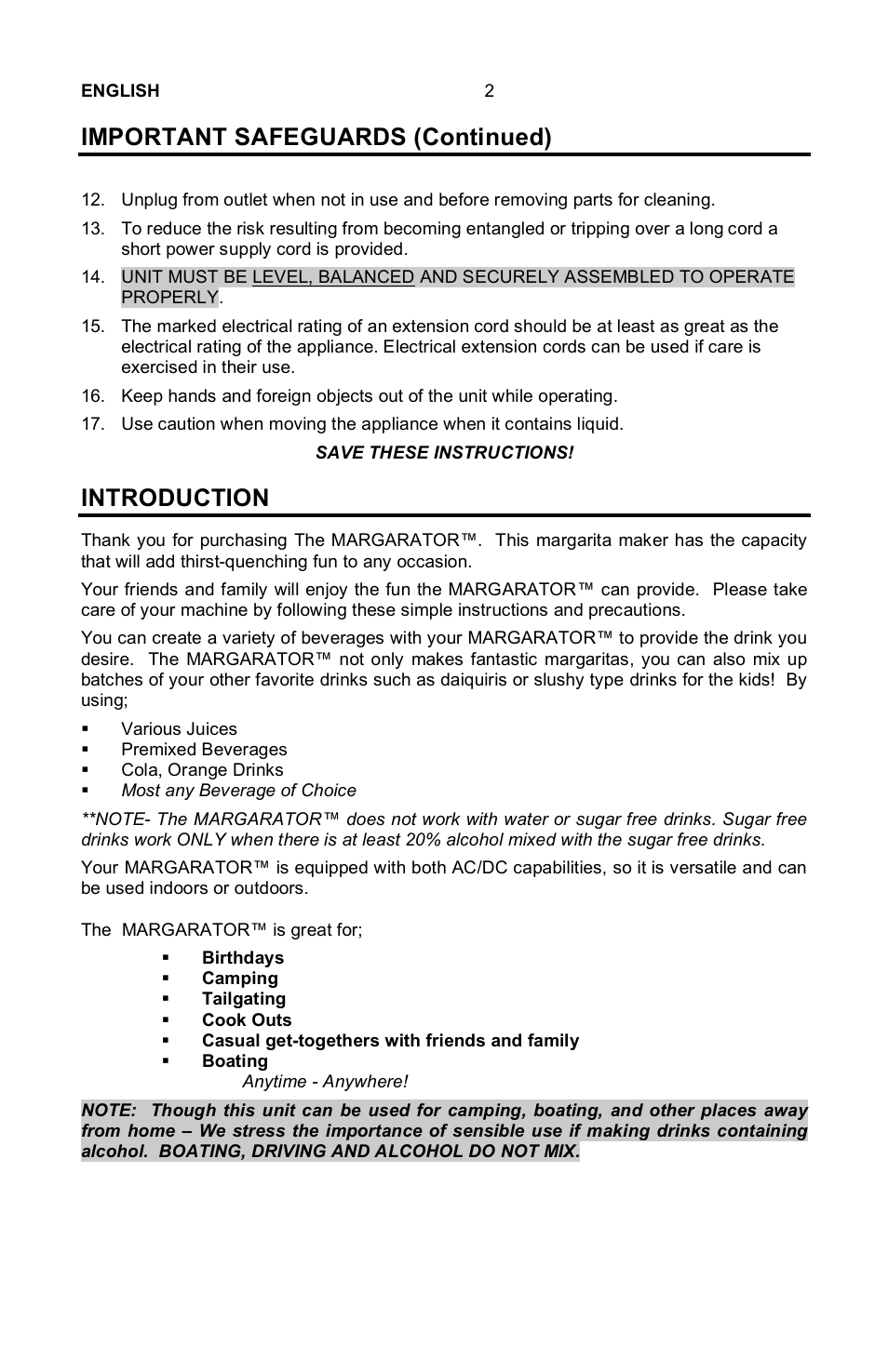 Important safeguards (continued), Introduction | Nostalgia Electrics Margarator MSB-570 User Manual | Page 3 / 22