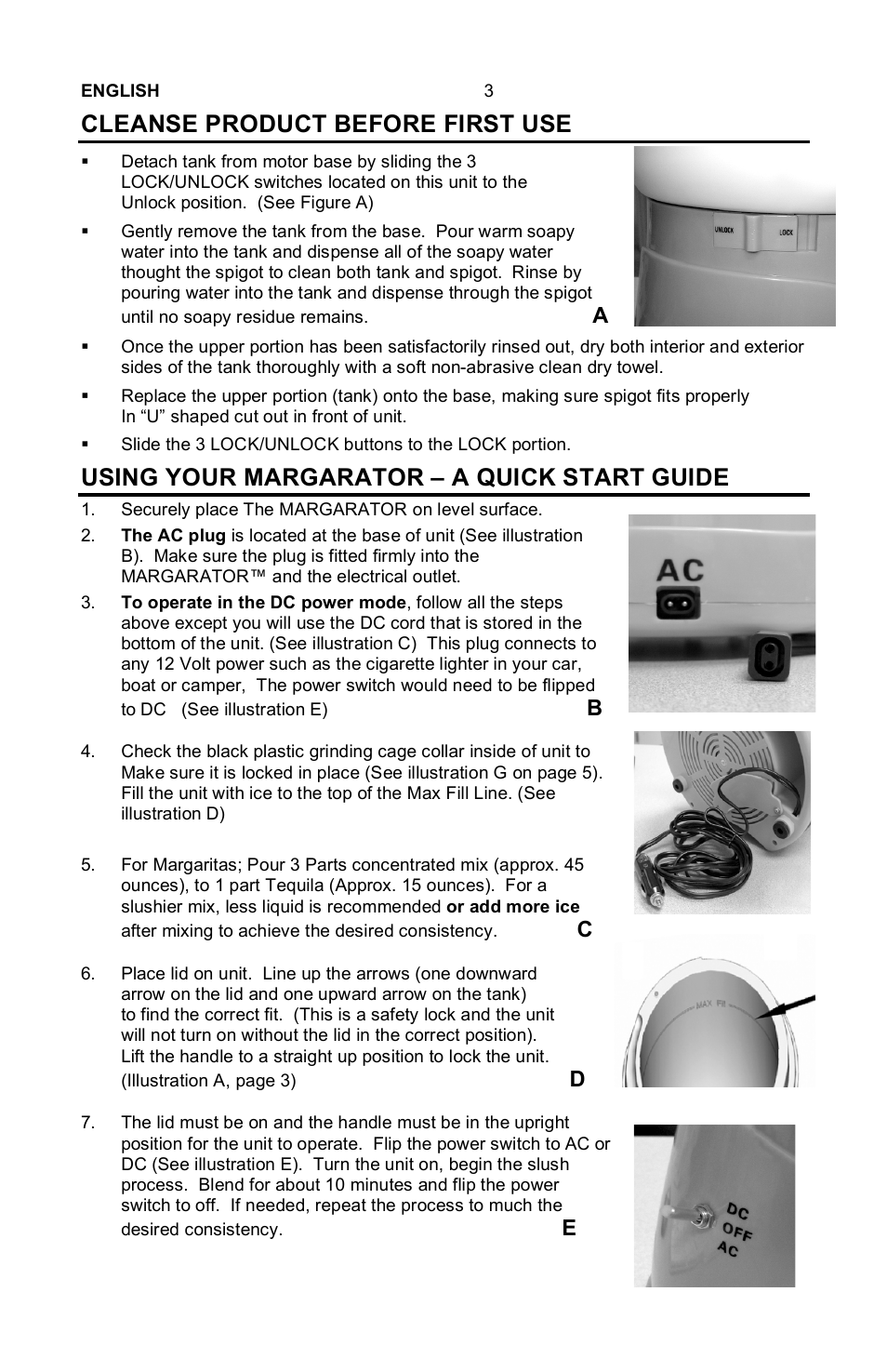 Cleanse product before first use, Using your margarator – a quick start guide | Nostalgia Electrics Margarator MSB-570 User Manual | Page 4 / 22