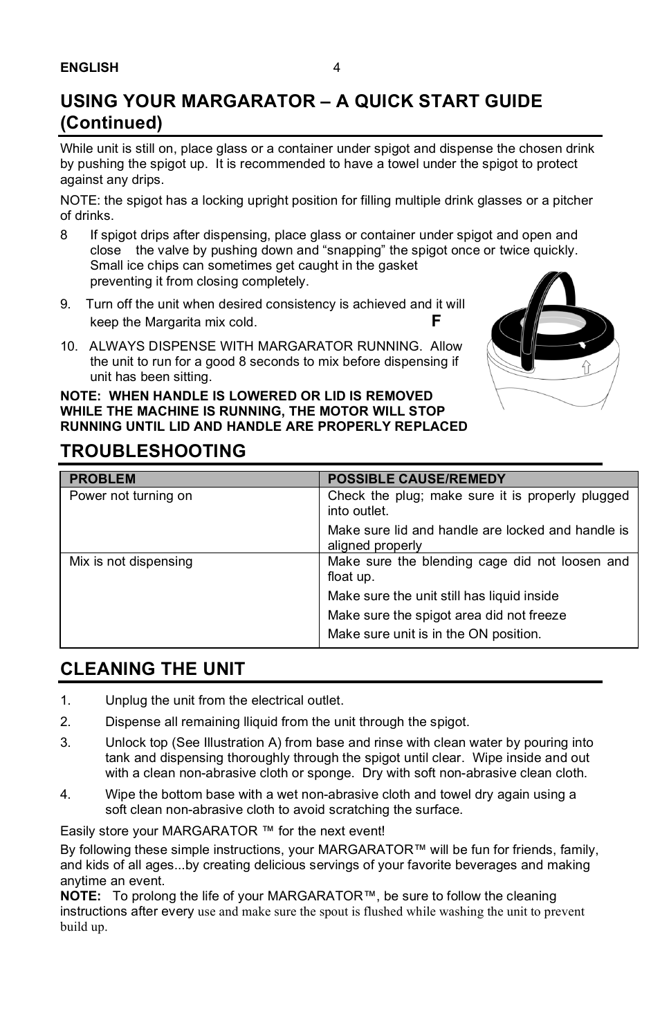 Troubleshooting, Cleaning the unit, English 4 | Make sure the unit still has liquid inside, Make sure the spigot area did not freeze, Make sure unit is in the on position, Unplug the unit from the electrical outlet, Easily store your margarator ™ for the next event | Nostalgia Electrics Margarator MSB-570 User Manual | Page 5 / 22