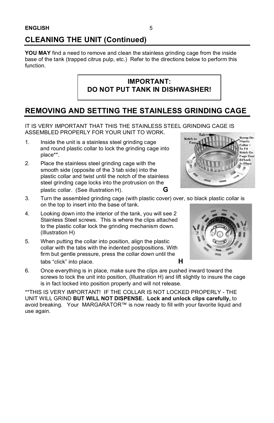 Cleaning the unit (continued), Removing and setting the stainless grinding cage, Important: do not put tank in dishwasher | Nostalgia Electrics Margarator MSB-570 User Manual | Page 6 / 22