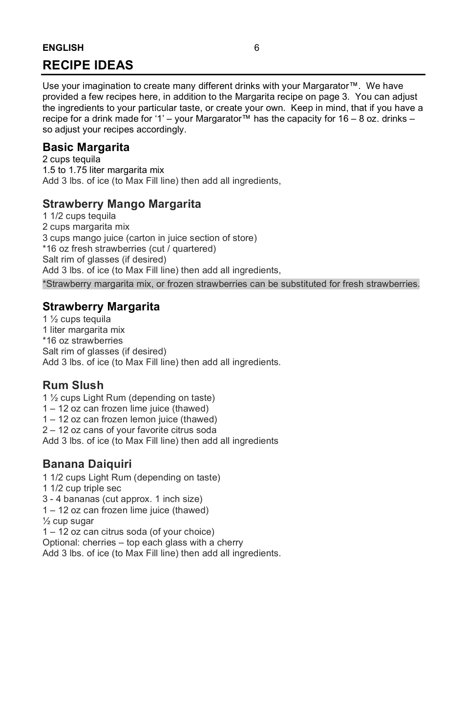 Recipe ideas, Basic margarita, Strawberry mango margarita | Strawberry margarita, Rum slush, Banana daiquiri | Nostalgia Electrics Margarator MSB-570 User Manual | Page 7 / 22