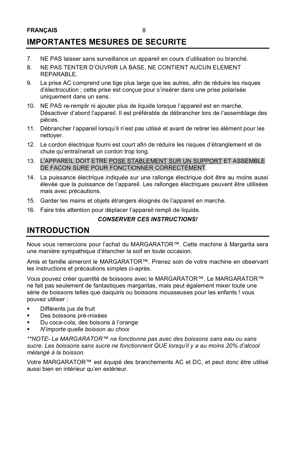 Importantes mesures de securite, Introduction | Nostalgia Electrics Margarator MSB-570 User Manual | Page 9 / 22