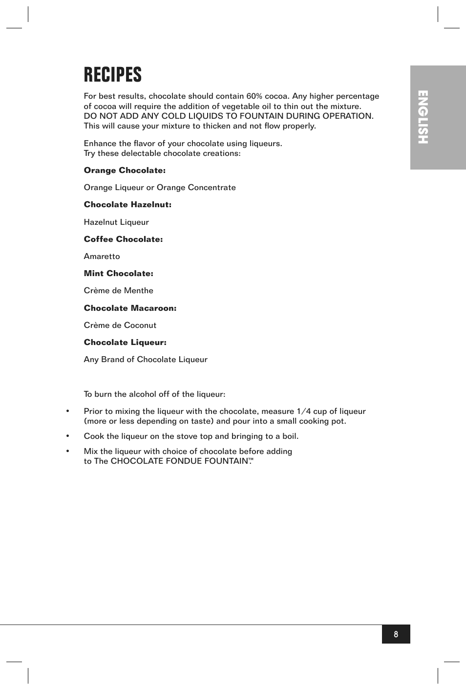 Recipes, English | Nostalgia Electrics Chocolate Fondue Fountain CFF990 User Manual | Page 10 / 12