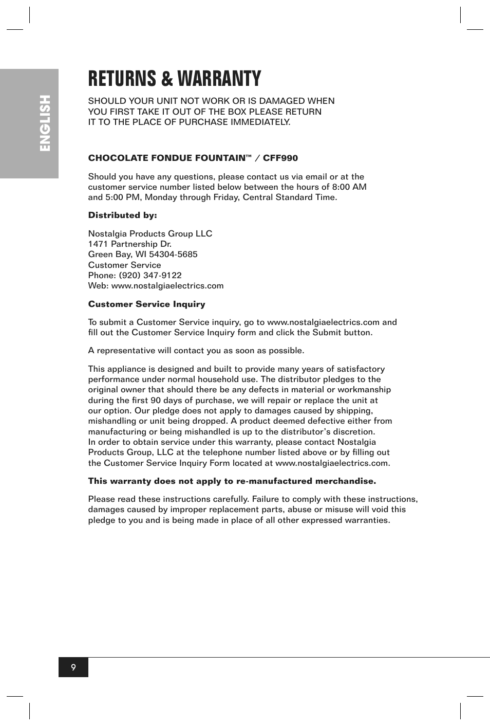 Returns & warranty, English | Nostalgia Electrics Chocolate Fondue Fountain CFF990 User Manual | Page 11 / 12