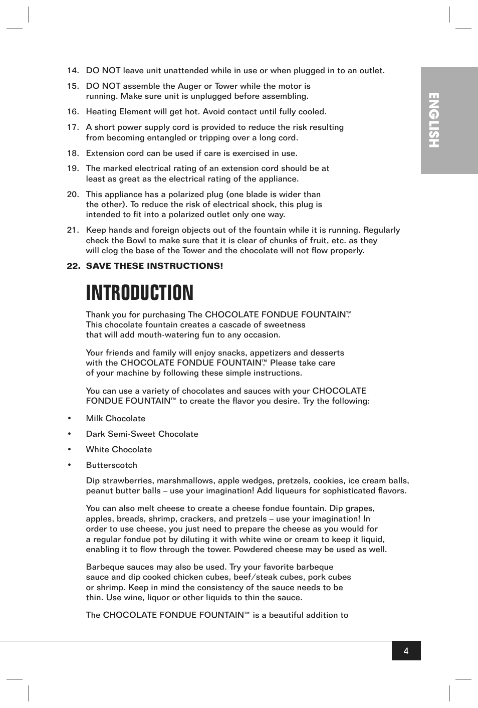 Introduction, English | Nostalgia Electrics Chocolate Fondue Fountain CFF990 User Manual | Page 6 / 12