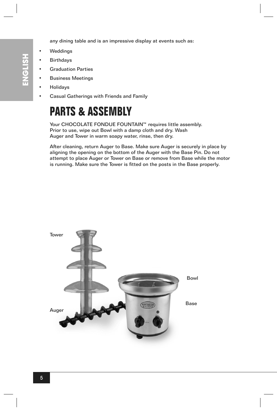 Parts & assembly, English | Nostalgia Electrics Chocolate Fondue Fountain CFF990 User Manual | Page 7 / 12