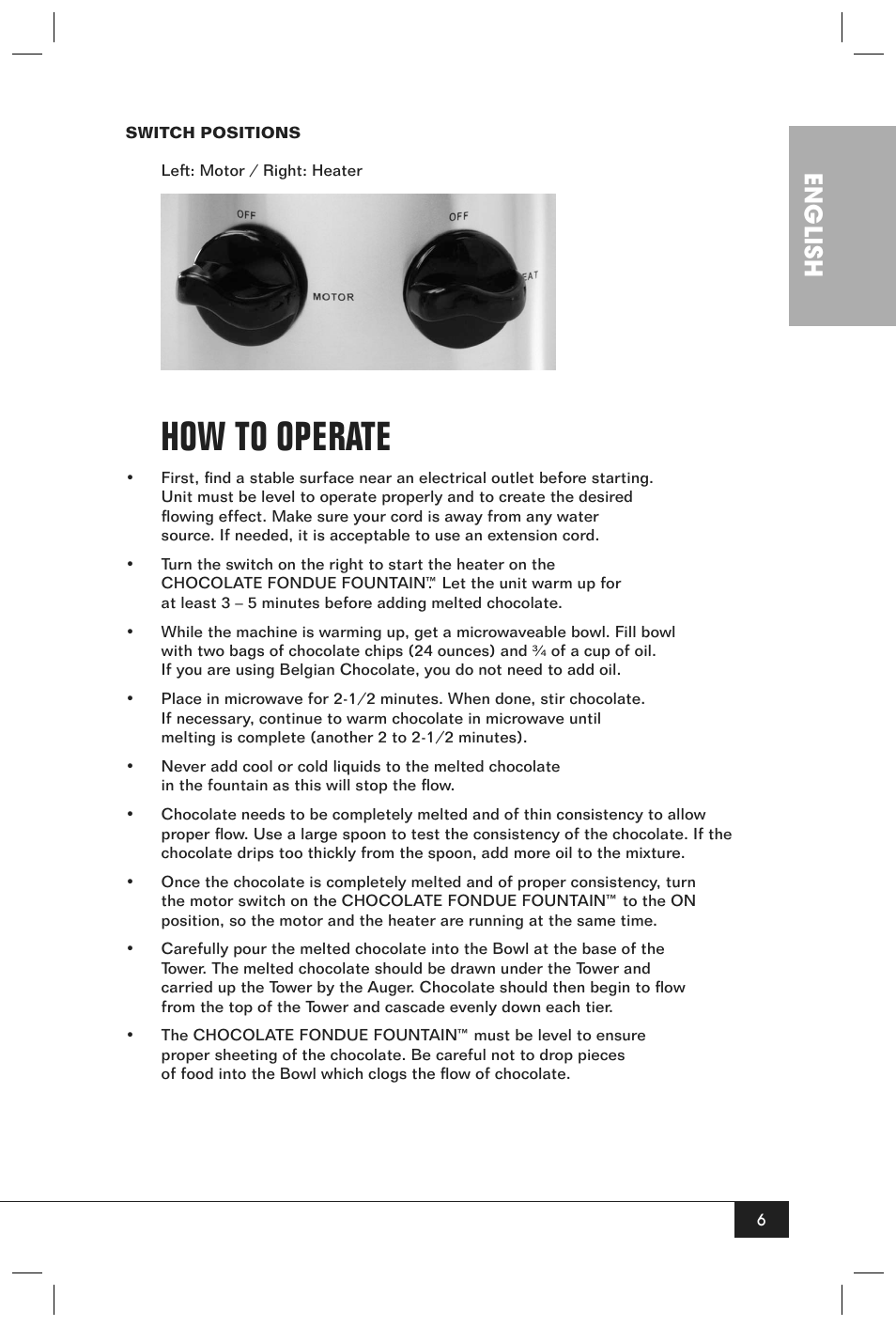 How to operate, English | Nostalgia Electrics Chocolate Fondue Fountain CFF990 User Manual | Page 8 / 12