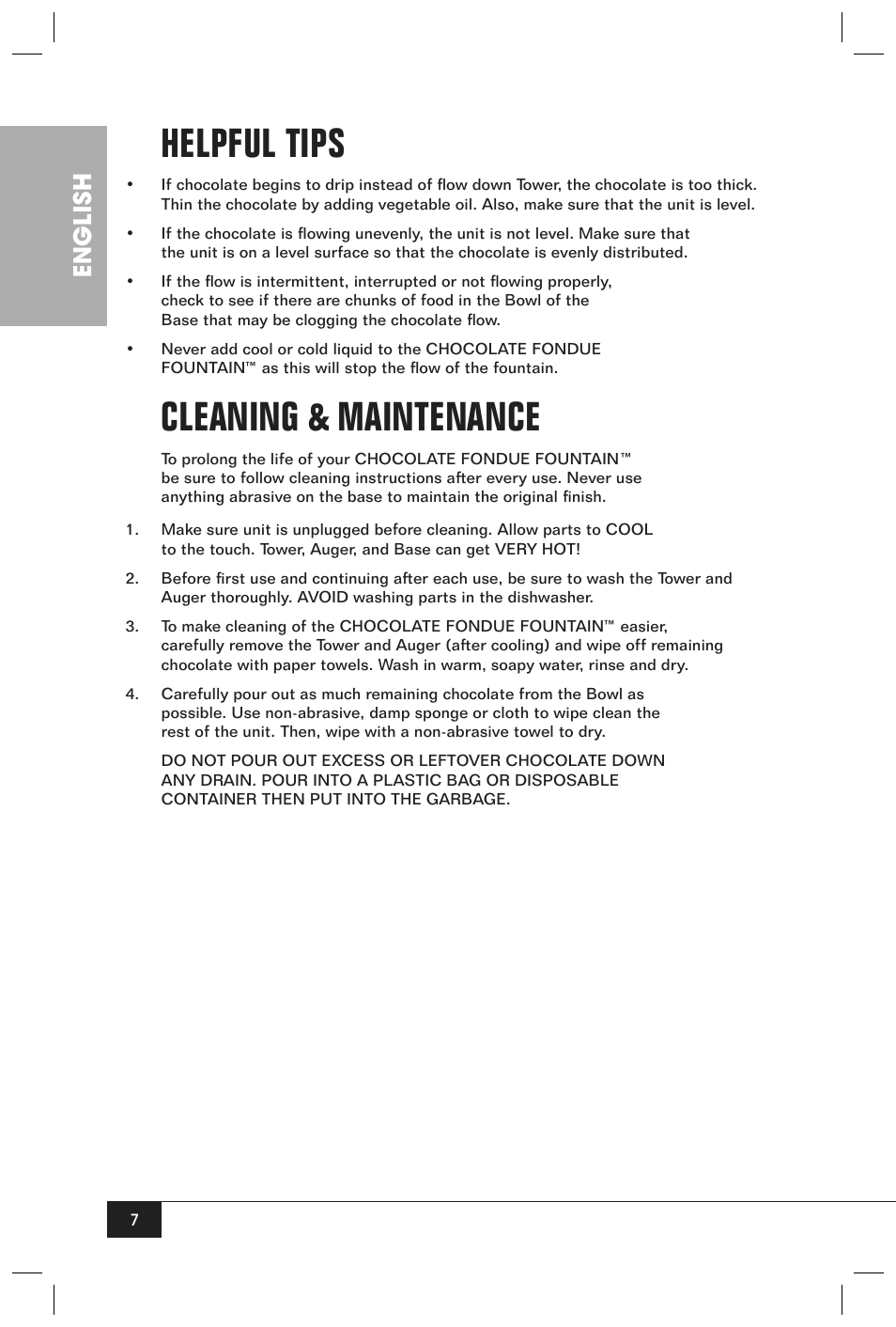 Helpful tips, Cleaning & maintenance, English | Nostalgia Electrics Chocolate Fondue Fountain CFF990 User Manual | Page 9 / 12