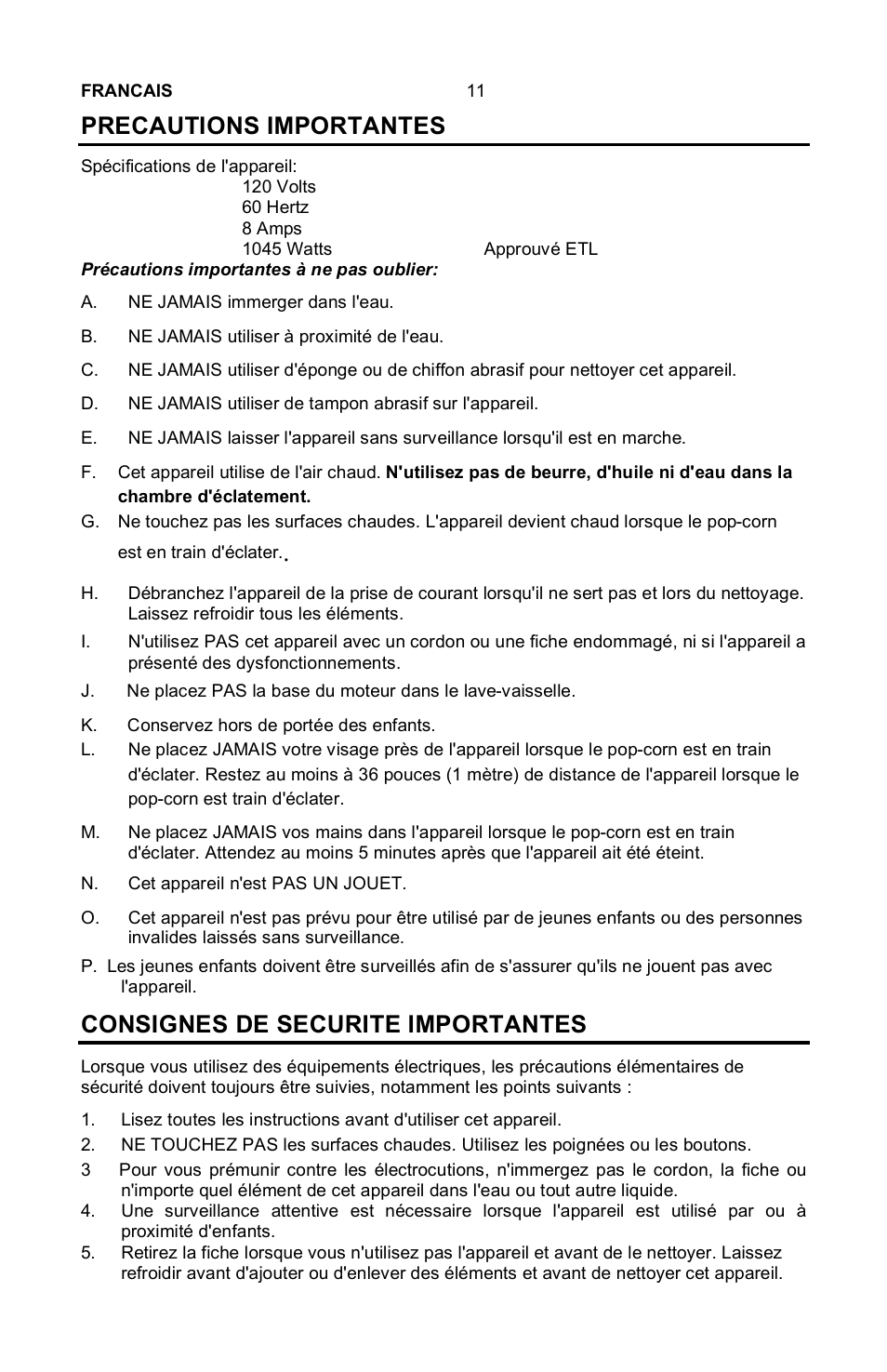 Precautions importantes, Consignes de securite importantes | Nostalgia Electrics Movietime MHP-310 User Manual | Page 13 / 19