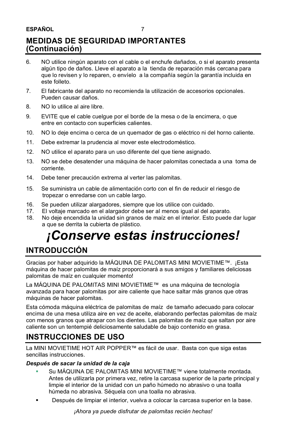 Conserve estas instrucciones, Medidas de seguridad importantes (continuación), Introducción | Instrucciones de uso | Nostalgia Electrics Movietime MHP-310 User Manual | Page 9 / 19