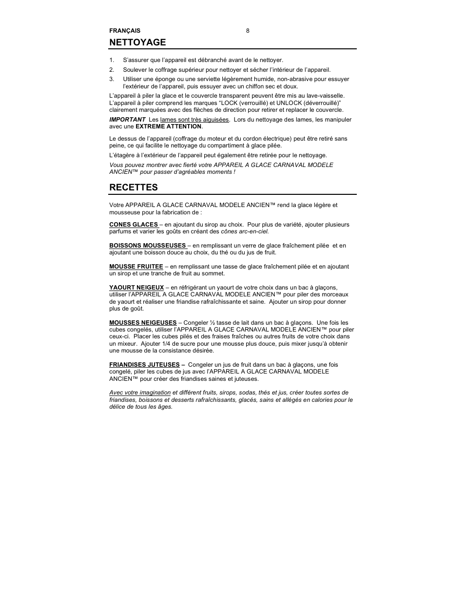 Nettoyage, Recettes | Nostalgia Electrics SCM-502 User Manual | Page 10 / 17