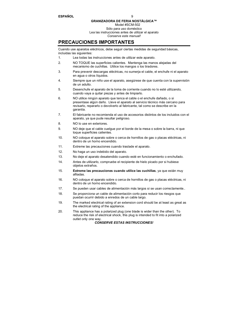 Precauciones importantes | Nostalgia Electrics SCM-502 User Manual | Page 11 / 17