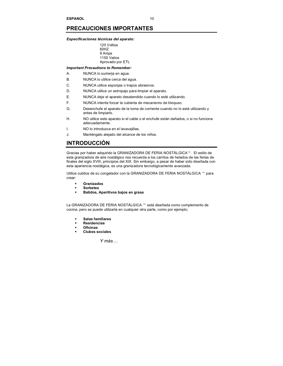 Precauciones importantes, Introducción, Y mбs | Nostalgia Electrics SCM-502 User Manual | Page 12 / 17