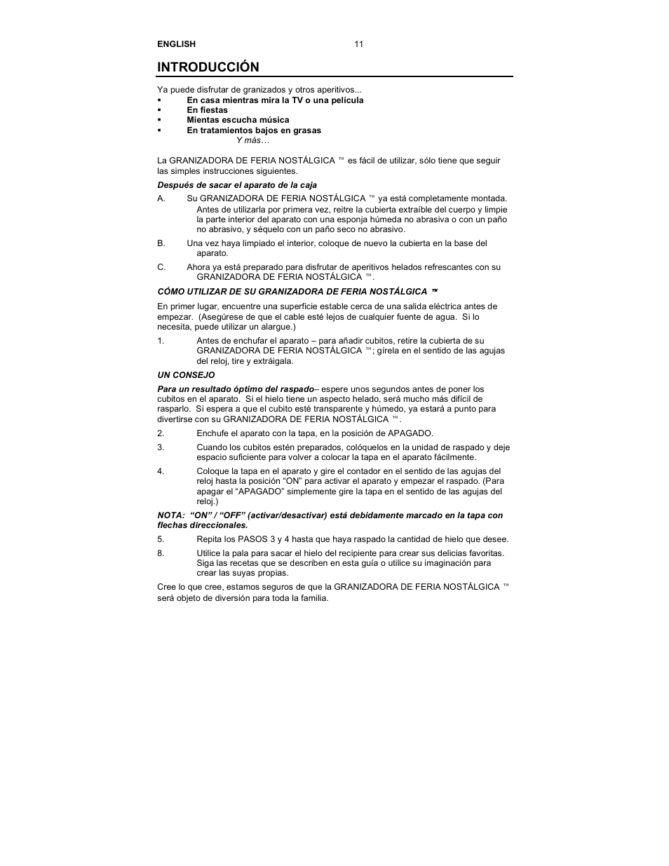 Introducción | Nostalgia Electrics SCM-502 User Manual | Page 13 / 17