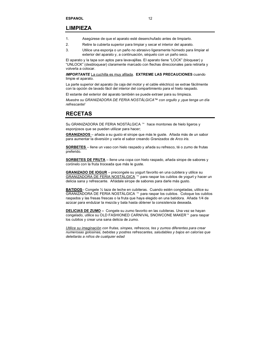 Limpieza, Recetas | Nostalgia Electrics SCM-502 User Manual | Page 14 / 17