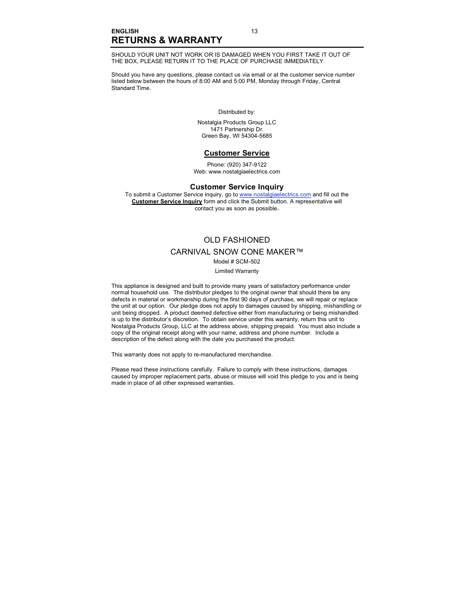 Returns & warranty | Nostalgia Electrics SCM-502 User Manual | Page 15 / 17