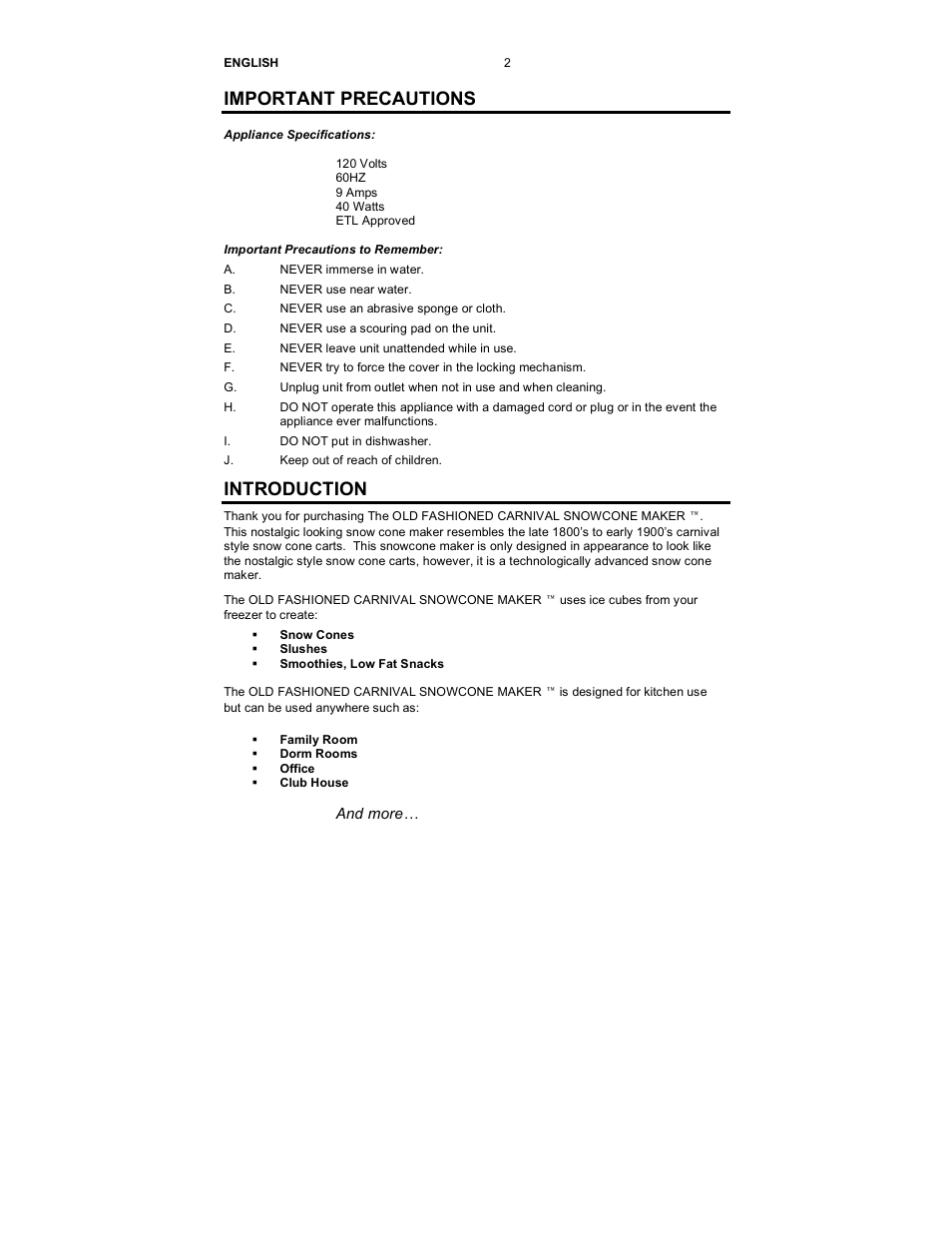 Important precautions, Introduction, And more | Nostalgia Electrics SCM-502 User Manual | Page 4 / 17