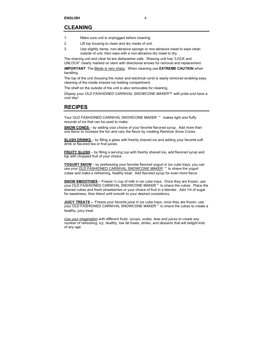 Cleaning, Recipes | Nostalgia Electrics SCM-502 User Manual | Page 6 / 17