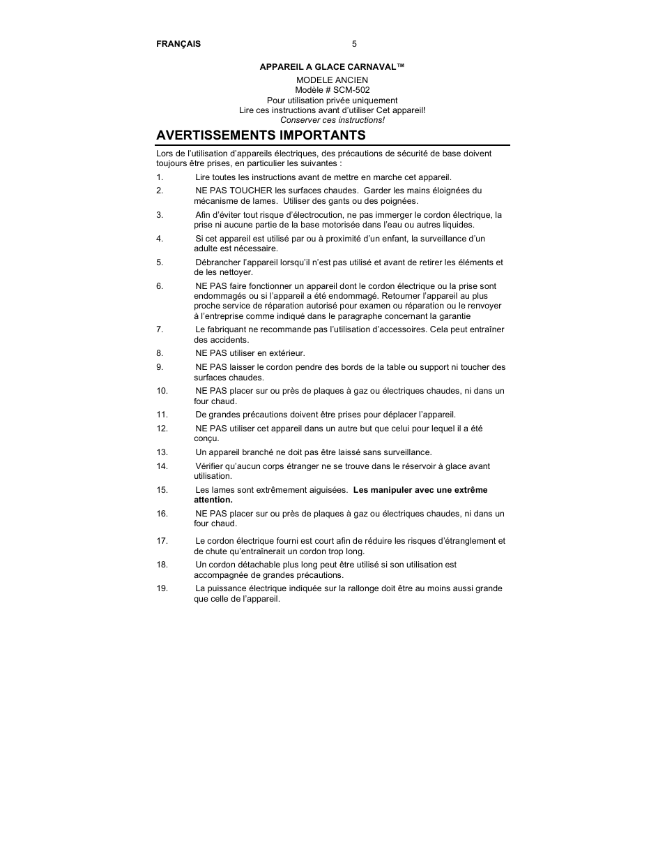 Avertissements importants | Nostalgia Electrics SCM-502 User Manual | Page 7 / 17