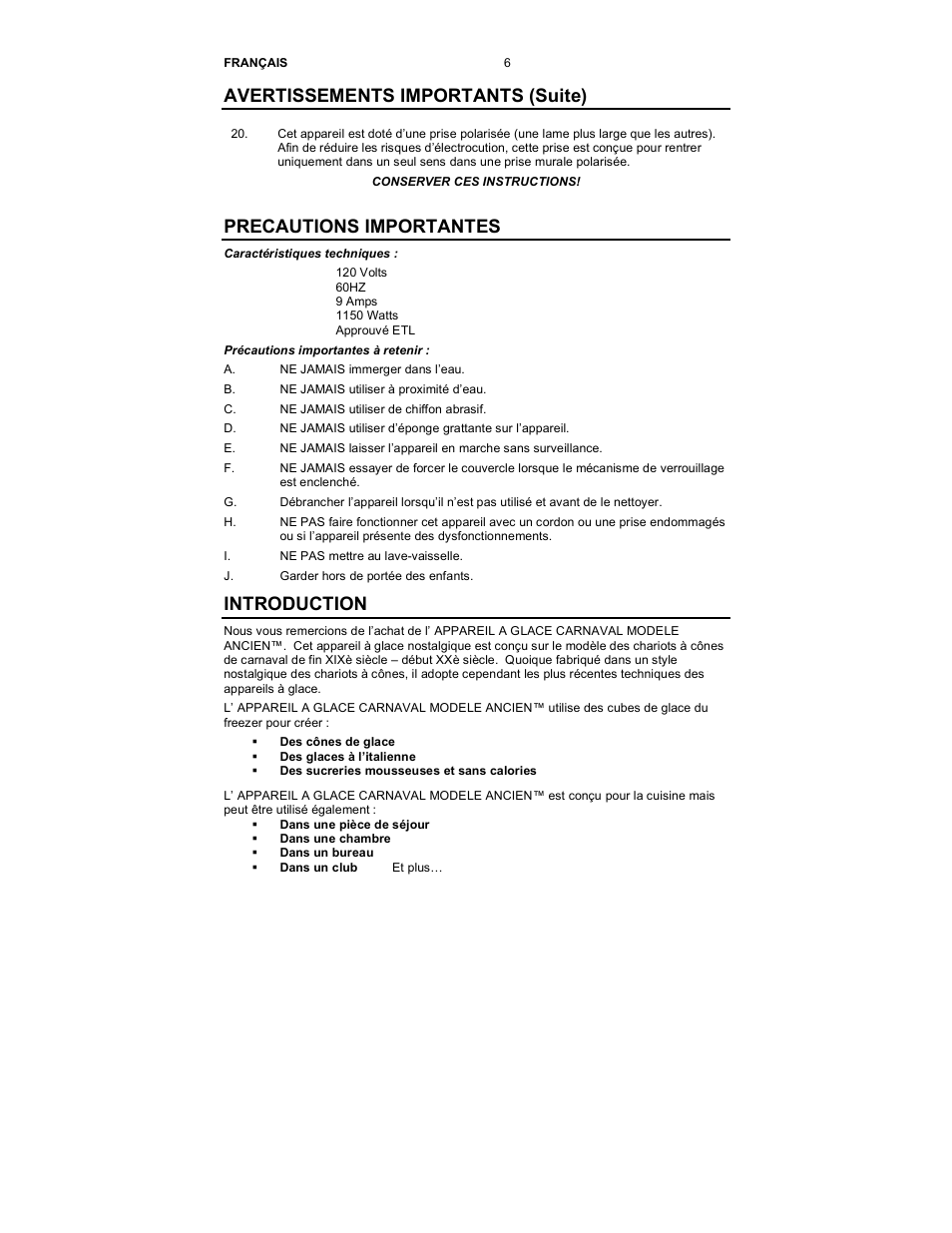 Avertissements importants (suite), Precautions importantes, Introduction | Nostalgia Electrics SCM-502 User Manual | Page 8 / 17