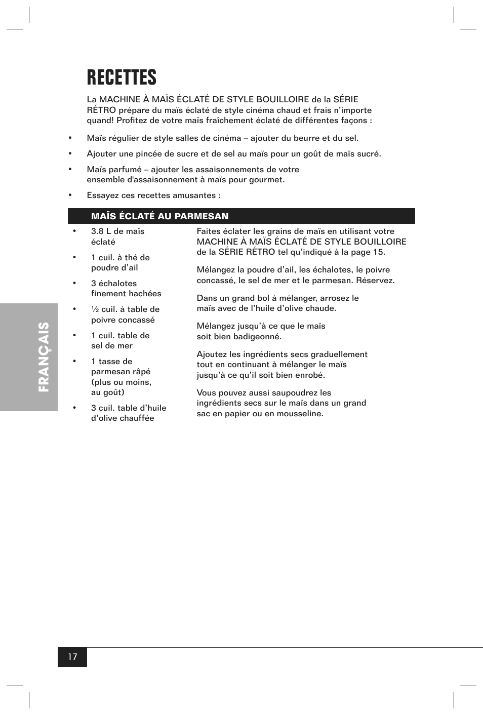 Recettes, Français | Nostalgia Electrics RETRO SERIES RKP630 User Manual | Page 19 / 32