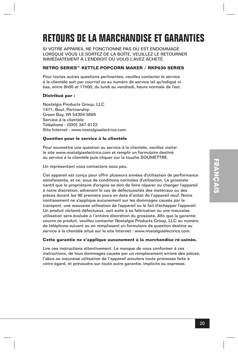 Retours de la marchandise et garanties, Français | Nostalgia Electrics RETRO SERIES RKP630 User Manual | Page 22 / 32
