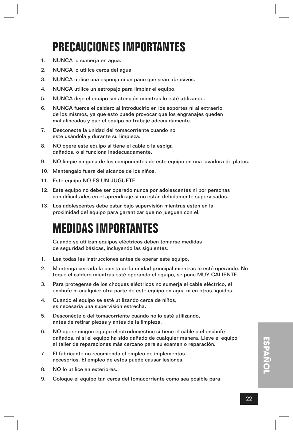 Precauciones importantes, Medidas importantes, Esp añol | Nostalgia Electrics RETRO SERIES RKP630 User Manual | Page 24 / 32