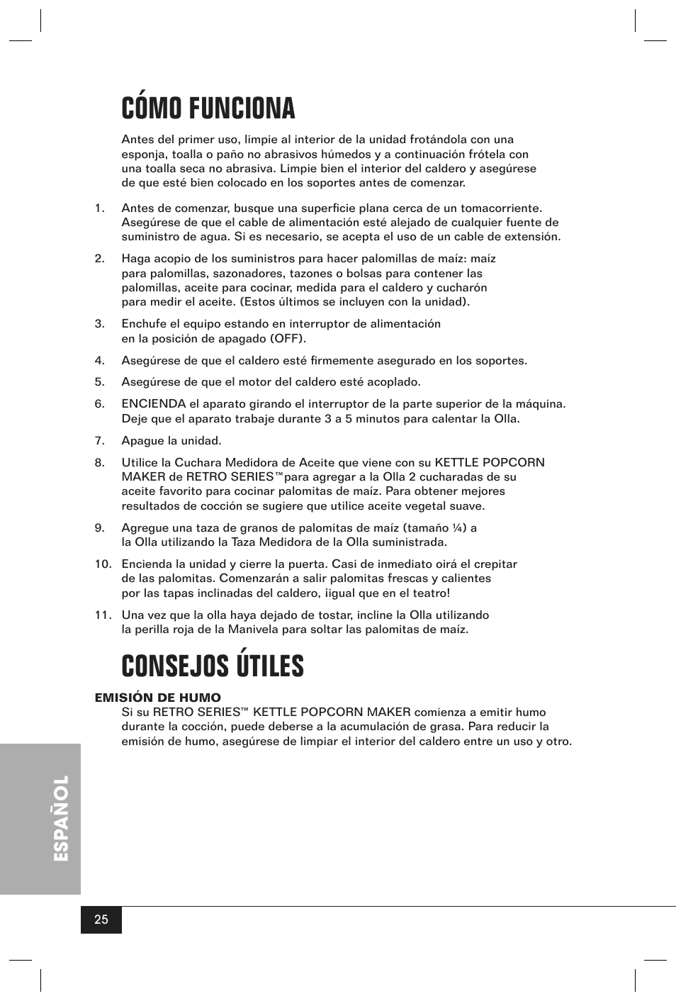 Cómo funciona, Consejos útiles, Esp añol | Nostalgia Electrics RETRO SERIES RKP630 User Manual | Page 27 / 32