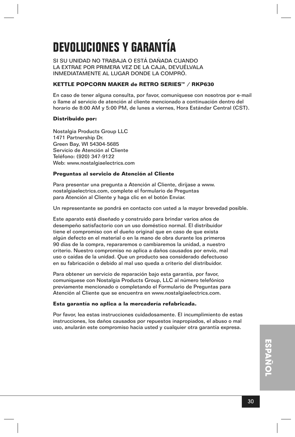 Devoluciones y garantía, Esp añol | Nostalgia Electrics RETRO SERIES RKP630 User Manual | Page 32 / 32
