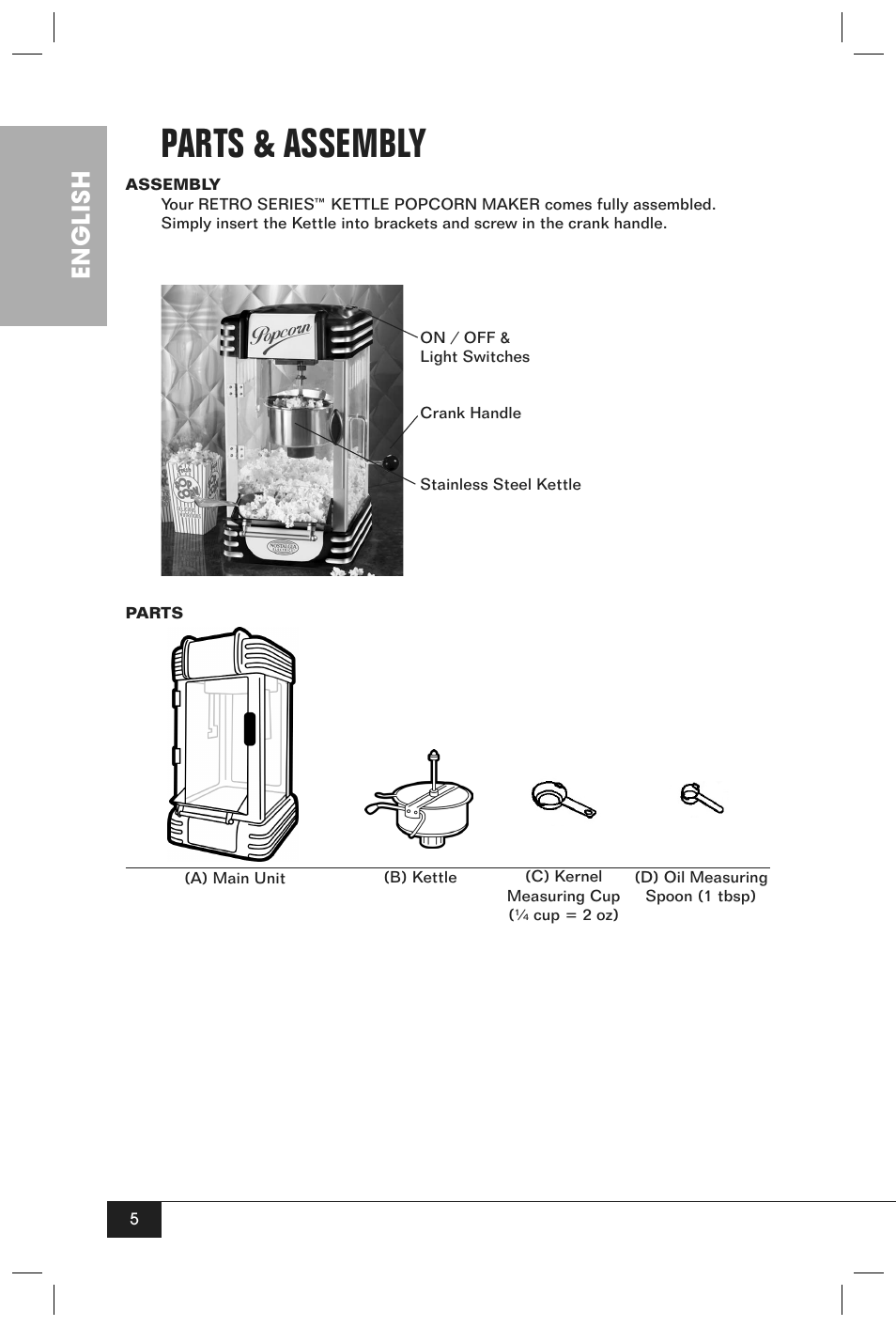 Parts & assembly, English | Nostalgia Electrics RETRO SERIES RKP630 User Manual | Page 7 / 32