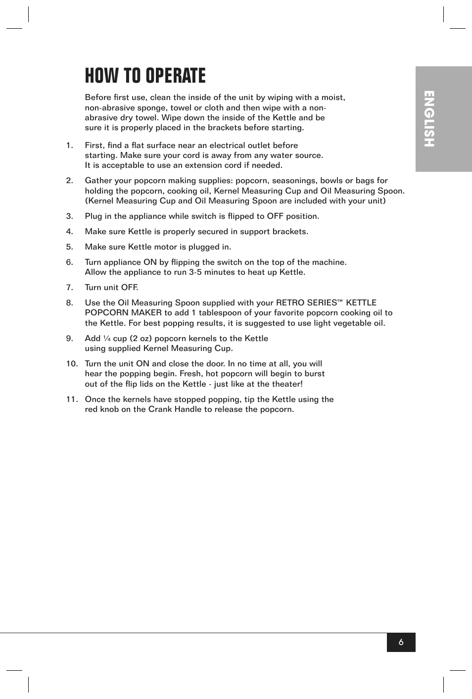 How to operate, English | Nostalgia Electrics RETRO SERIES RKP630 User Manual | Page 8 / 32