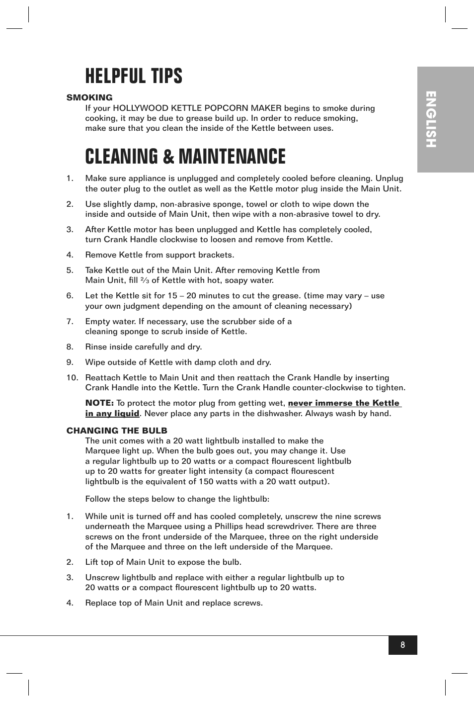 Helpful tips, Cleaning & maintenance, English | Nostalgia Electrics HKP200 User Manual | Page 10 / 14