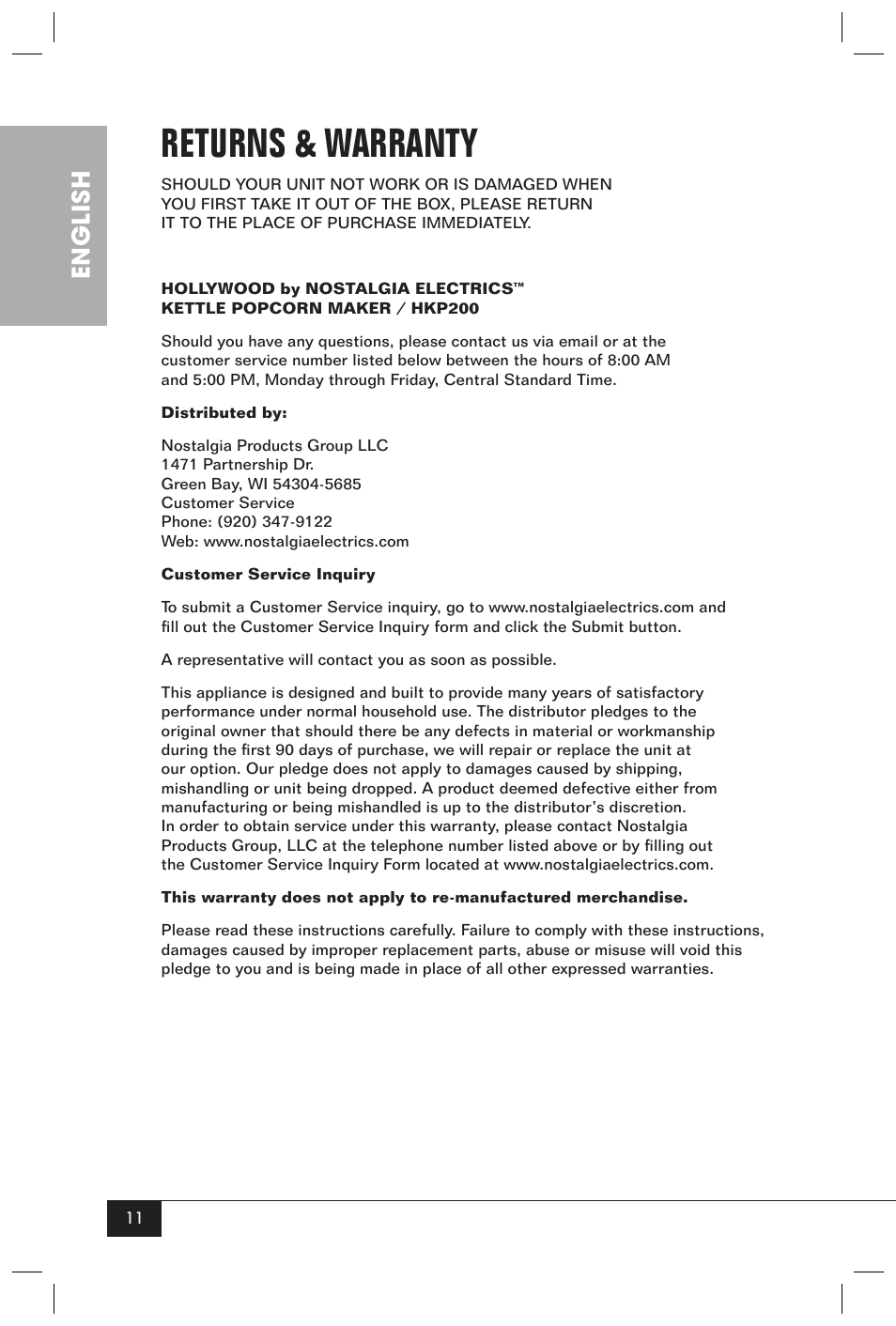 Returns & warranty, English | Nostalgia Electrics HKP200 User Manual | Page 13 / 14