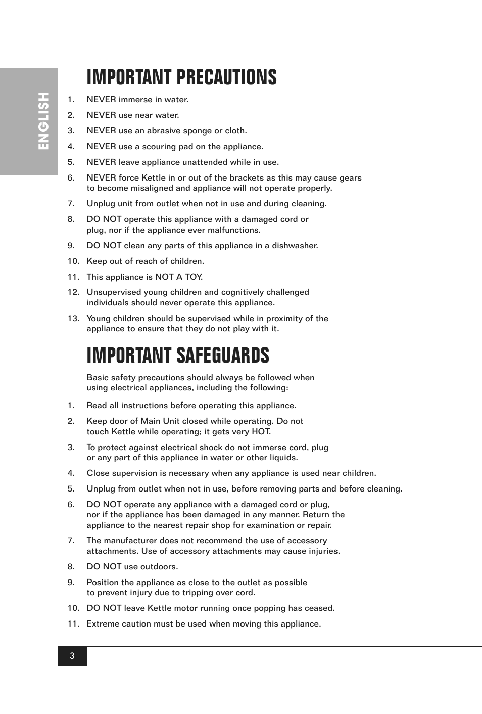 Important precautions, Important safeguards, English | Nostalgia Electrics HKP200 User Manual | Page 5 / 14