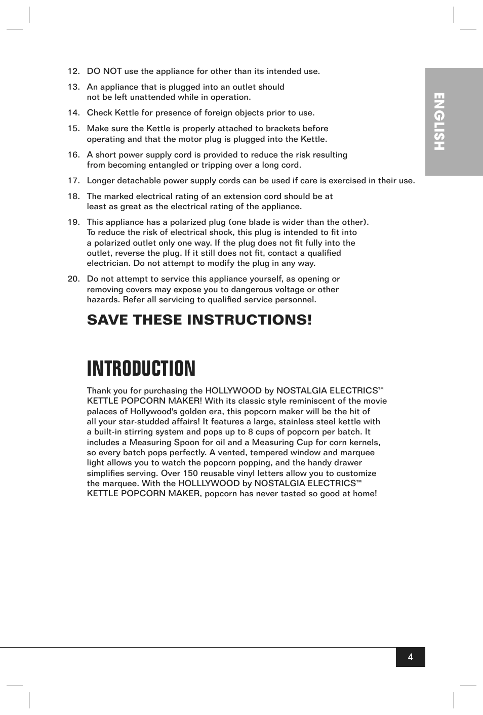 Introduction, Save these instructions, English | Nostalgia Electrics HKP200 User Manual | Page 6 / 14