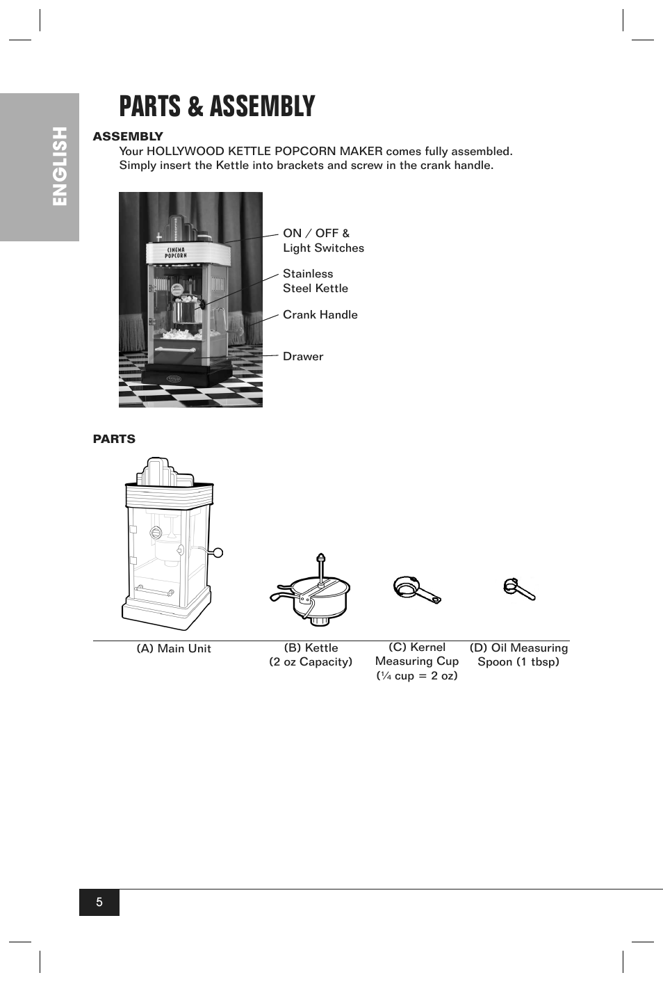 Parts & assembly, English | Nostalgia Electrics HKP200 User Manual | Page 7 / 14