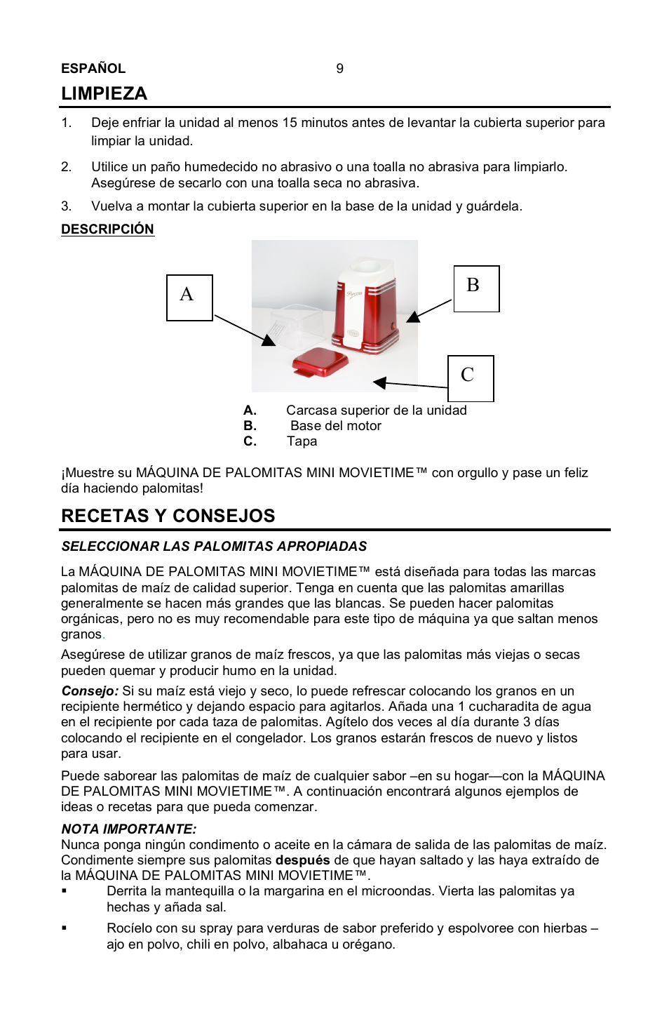 Cb a, Limpieza, Recetas y consejos | Nostalgia Electrics MINI RETRO RHP-310 User Manual | Page 10 / 18